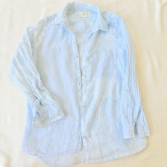 C&C California Womens Top Buttondown Longsleeve Shirt Striped 100% Linen Medium - Picture 1 of 4